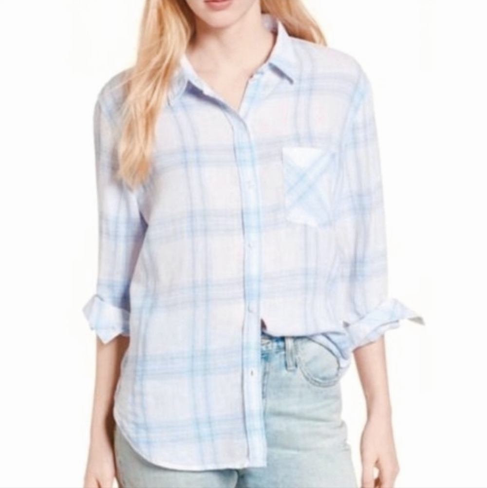 RAILS Charli Linen Blend Plaid Blue White Boyfriend Style Button Down Shirt XS